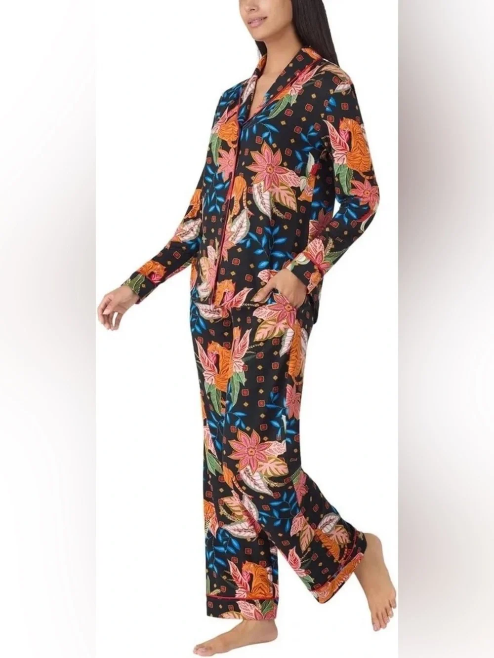 Room Service Tiger Floral Pajama Set Black Button Front Lounge Sleepwear S Cozy